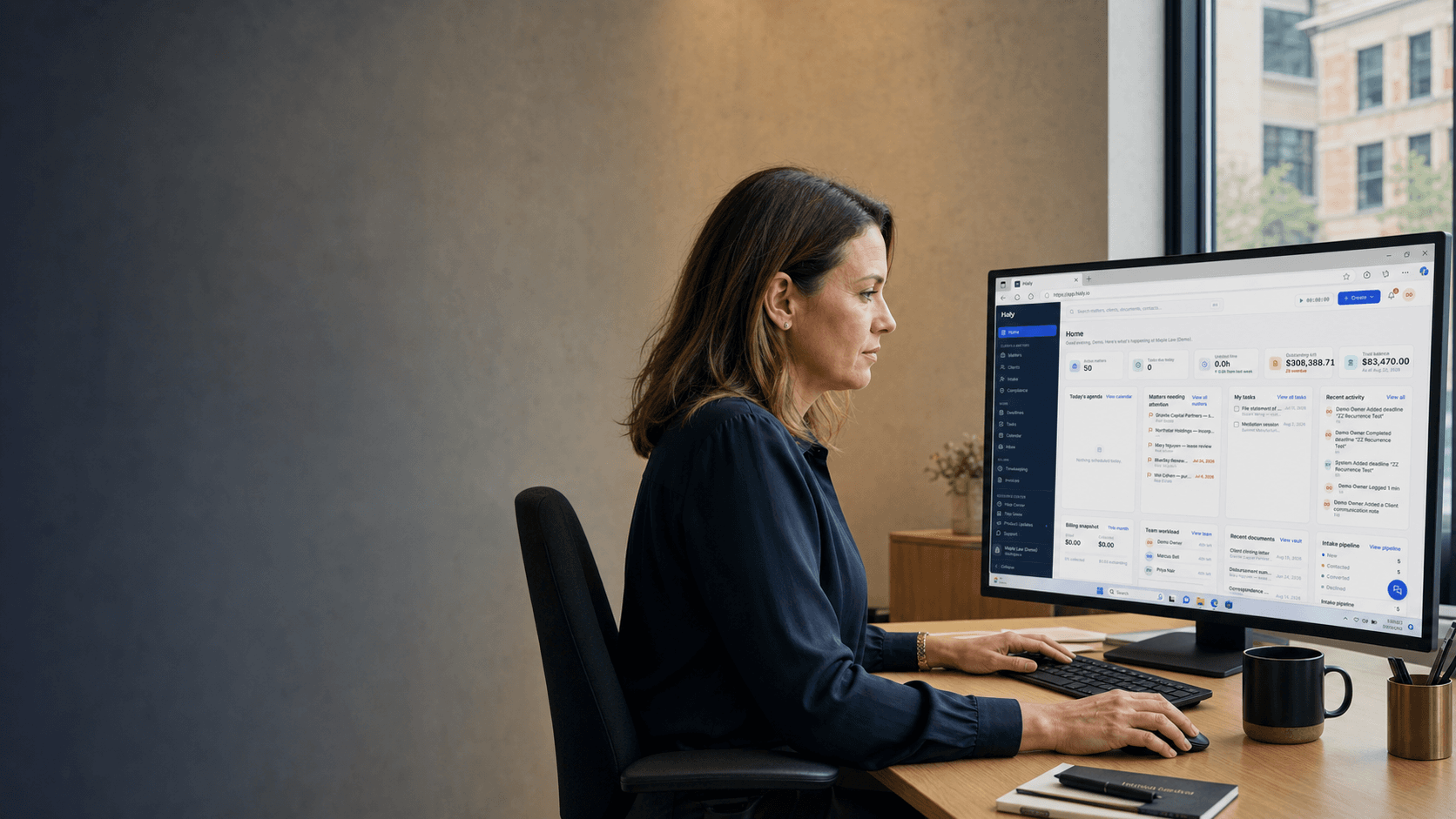 A lawyer running her firm on the Haly dashboard